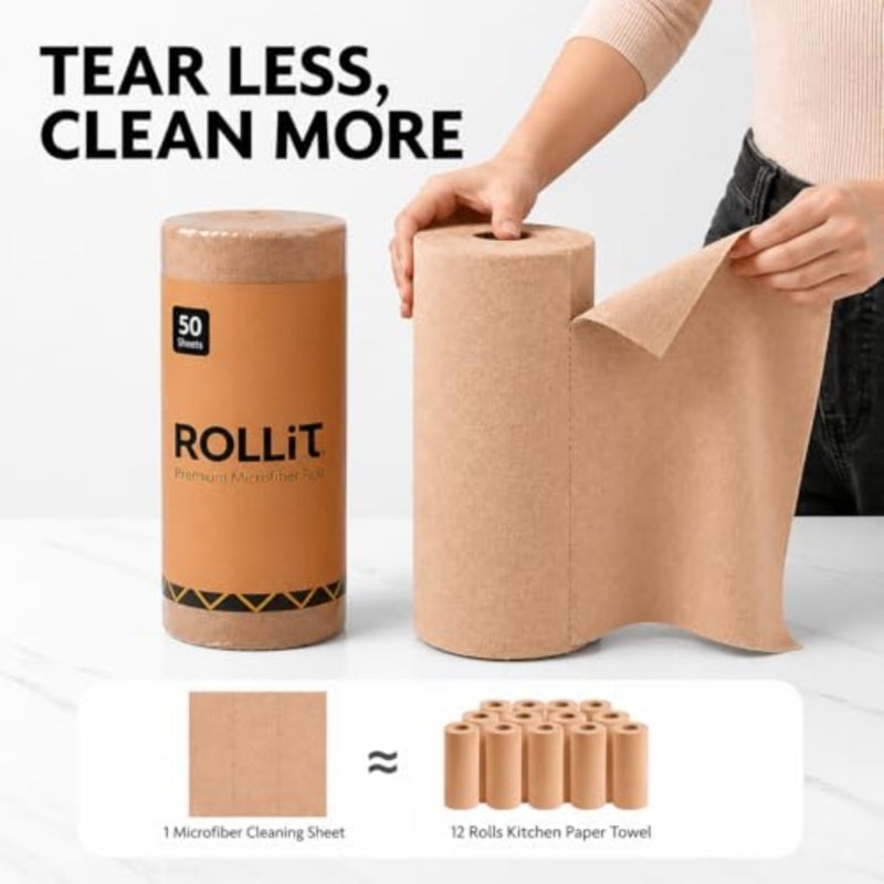 Microfiber Towel Roll 50 Sheets Tear-Away Reusable Cleaning Cloth 200 GSM Thick, Ultra Absorbent, Lint-Free Car Detailing and Home Use with Storage Pouch - Image 2