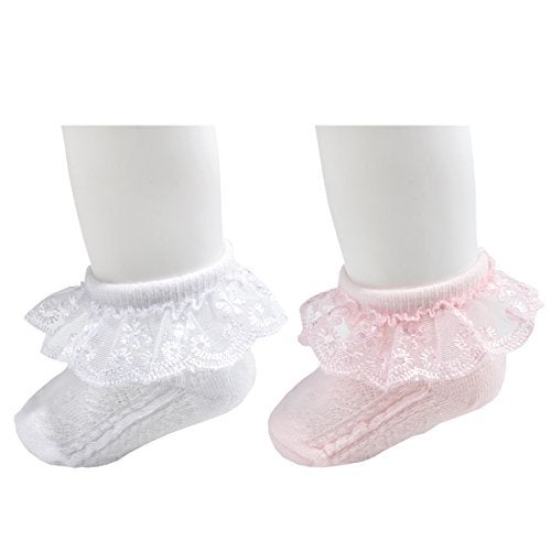 EPEIUS 2 Pair Pack Newborn Baby-Girls Eyelet Frilly Lace Socks Princess Ankle Socks White/Pink 0-3 Months - Image 2