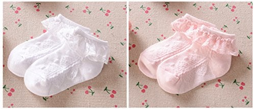 EPEIUS 2 Pair Pack Newborn Baby-Girls Eyelet Frilly Lace Socks Princess Ankle Socks White/Pink 0-3 Months - Image 3