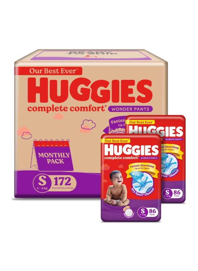 Huggies Complete Comfort Wonder Pants | Pant Style Baby Diapers S Size, 86*2 Count | India's Fastest Absorbing Diaper, Patented Dry Xpert Channel, Ideal for 4 to 8 Kgs (Pack of 2) - Image 1