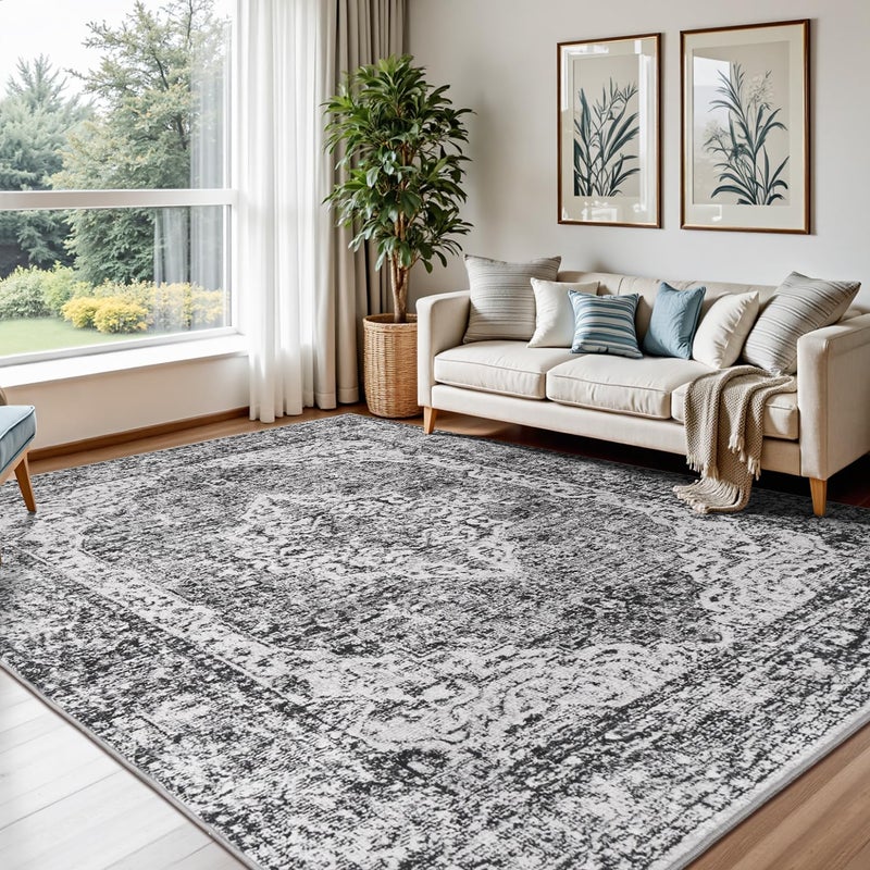 Lofus 5x7 Area Rugs for Living Room, Washable Area Rug, Rugs for Bedroom, Kitchen, Vintage Boho Carpet, Soft Non-Slip, Low Pile Large Area Rug for Office Dining Room, Vintage Dark Grey - Image 1