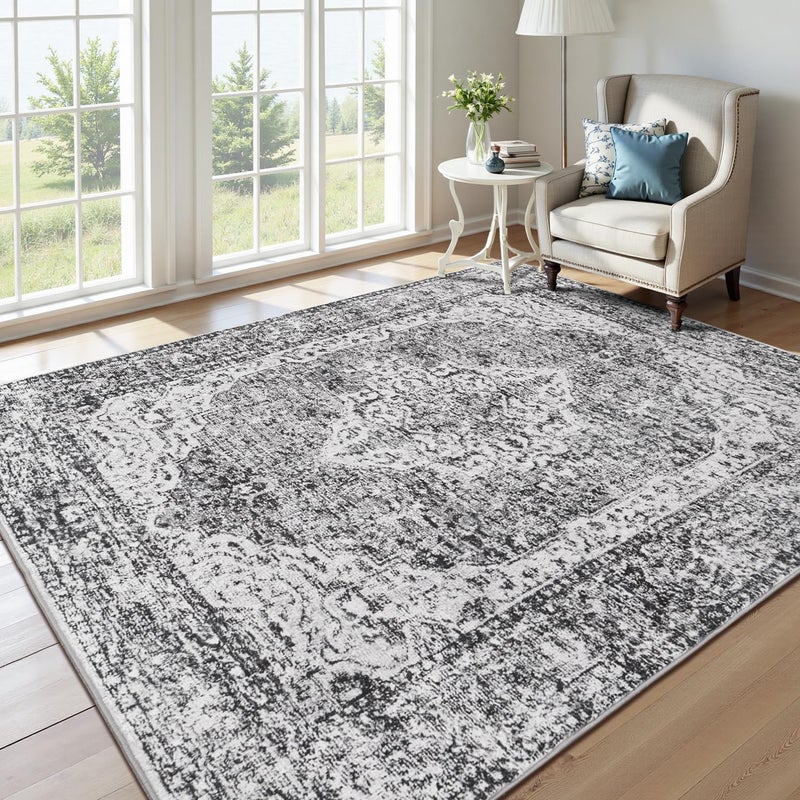 Lofus 5x7 Area Rugs for Living Room, Washable Area Rug, Rugs for Bedroom, Kitchen, Vintage Boho Carpet, Soft Non-Slip, Low Pile Large Area Rug for Office Dining Room, Vintage Dark Grey - Image 2