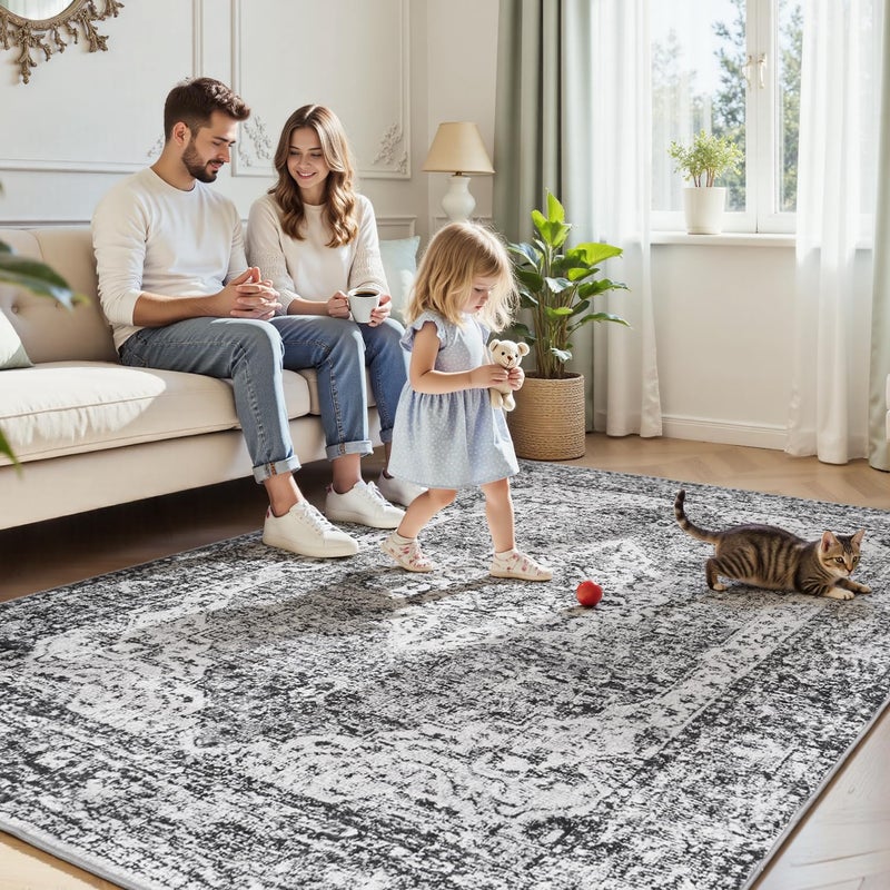 Lofus 5x7 Area Rugs for Living Room, Washable Area Rug, Rugs for Bedroom, Kitchen, Vintage Boho Carpet, Soft Non-Slip, Low Pile Large Area Rug for Office Dining Room, Vintage Dark Grey - Image 3