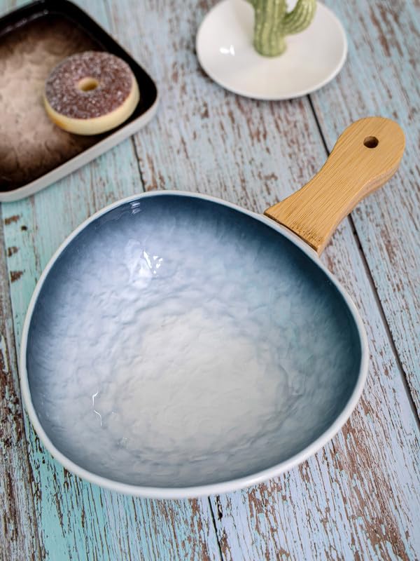 White gold Porcelain Serving Bowl with Wooden Handle WG-1712-BLUE - Image 1