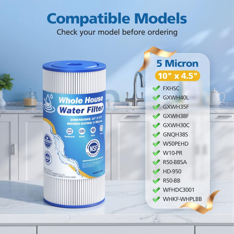 Caehomly 5 Micron 10" x 4.5" Whole House Water Filter Compatible with GE FXHSC, GXWH40L, Plumber W50PEHD, Culligan R50-BBSA, Pentek R50-BB, W10-PR, DuPont WFHDC3001, W50PEHD, High Flow Sediment Filters, 4 Pack - Image 2