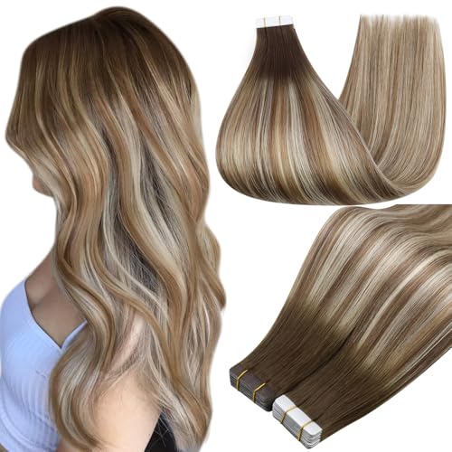 Full Shine Balayage Tape in Hair Extensions 24Inch Tape in Extensions 3822 Brown to Ash Brown Mix Light Blonde Human Hair Double Sided Tapes ins 20Pcs 50G Straight Seamless Skin Weft Add length