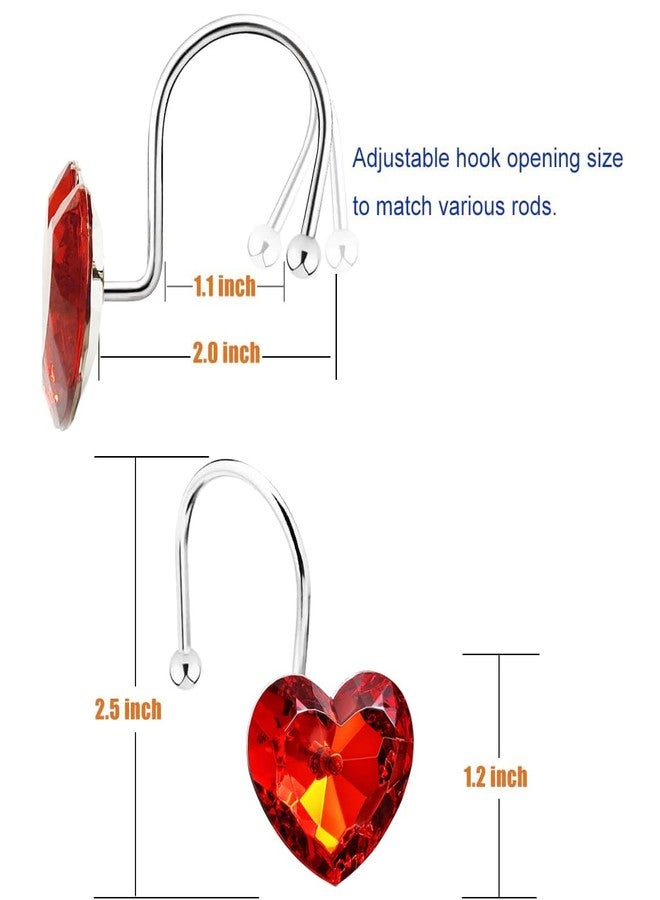 EleCharm Decorative Crystal Shower Curtain Hooks, Set of 12 Bling Red Heart Shape Hooks Rings Rust Resistant Steel for Bathroom Curtain Multi-Purpose (Red Transparent) - Image 4