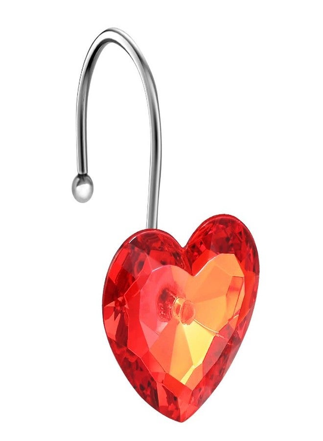 EleCharm Decorative Crystal Shower Curtain Hooks, Set of 12 Bling Red Heart Shape Hooks Rings Rust Resistant Steel for Bathroom Curtain Multi-Purpose (Red Transparent) - Image 1