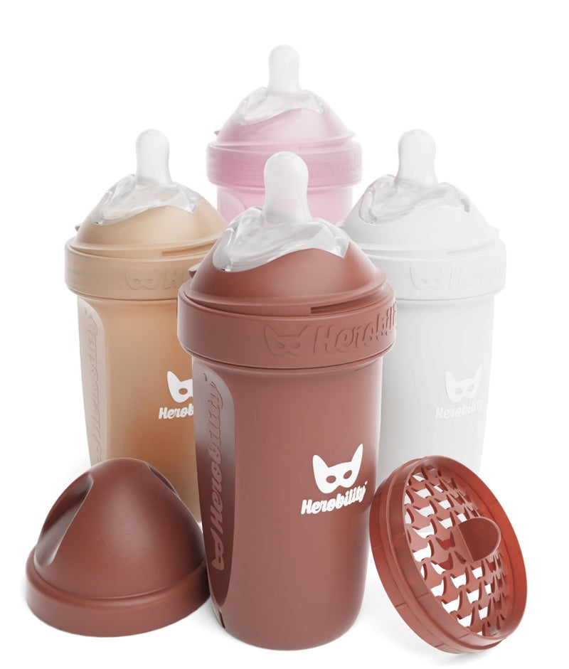 Herobility Double AntiColic Baby Bottles 85 fl oz240ml 4Pack Multicolor Sand Woodchuck Pink White