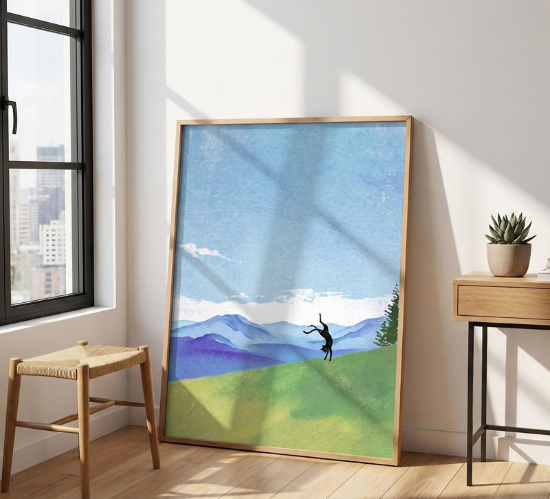 TNESSENTIAL Cartwheel Cat Print – Funny Black Cat Art, Minimalist Mountain Landscape, Playful Nature Poster, Whimsical Feline Decor, Gymnastics Cat - Image 4