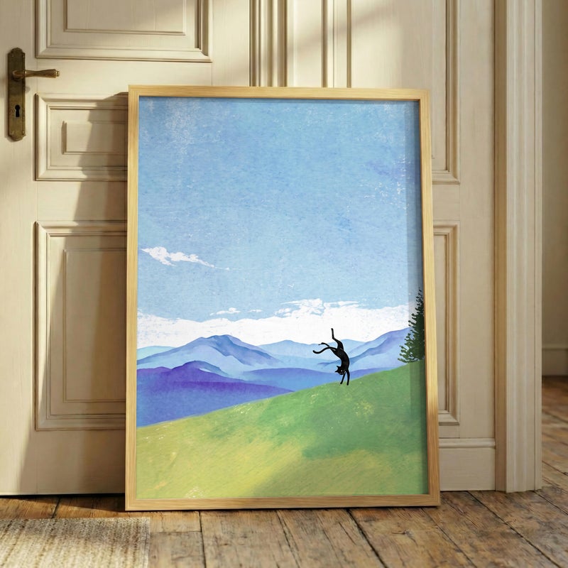 TNESSENTIAL Cartwheel Cat Print – Funny Black Cat Art, Minimalist Mountain Landscape, Playful Nature Poster, Whimsical Feline Decor, Gymnastics Cat - Image 1