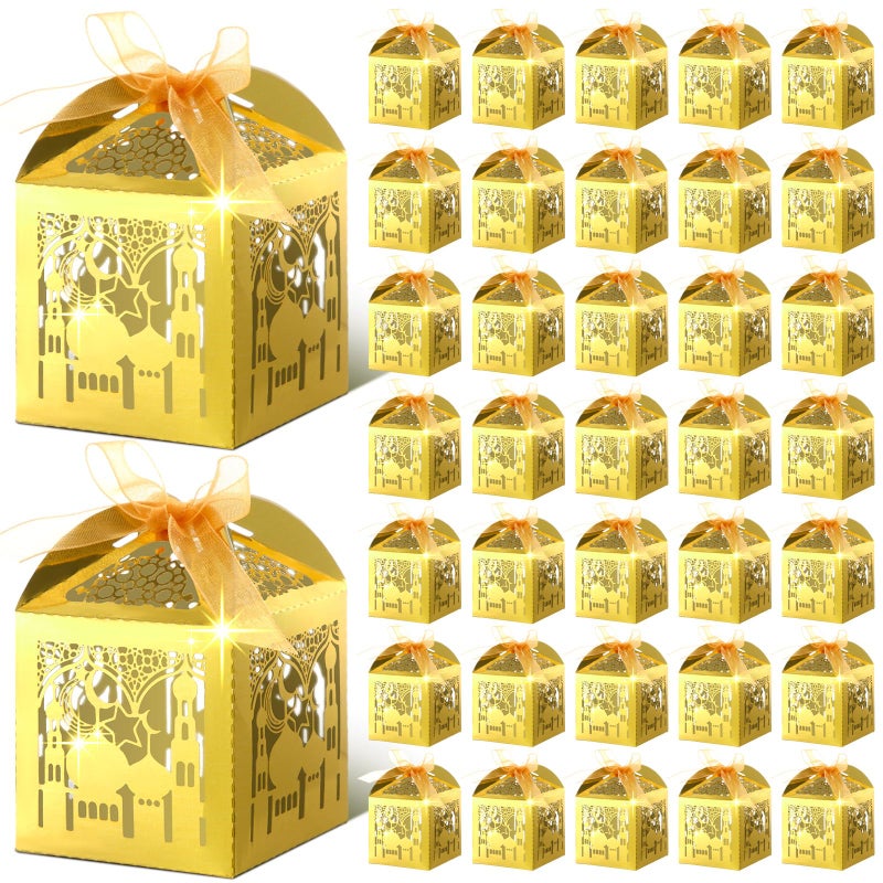 ReliThick 50 Pcs Ramadan Eid Mubarak Candy Box Set Ramadan Gift Boxes with Ribbons Muslim Party Favor Boxes Paper Thank You Gift Box for Eid Islamic Party Birthday Decorations(Castle) - Image 1