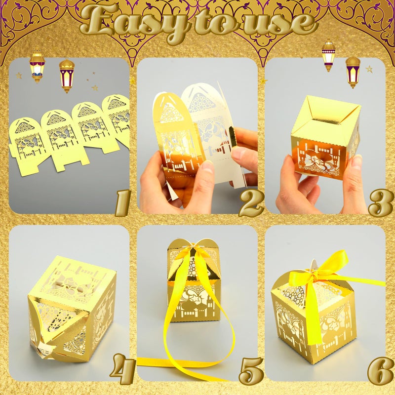 ReliThick 50 Pcs Ramadan Eid Mubarak Candy Box Set Ramadan Gift Boxes with Ribbons Muslim Party Favor Boxes Paper Thank You Gift Box for Eid Islamic Party Birthday Decorations(Castle) - Image 3