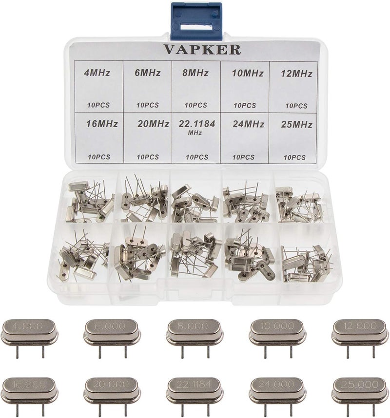VAPKER 100 Pcs 10 value DIP Quartz Crystal Oscillator 4M,6M,8M,10M,12M,16M,20M,22.1184M,24M,25M Crystal Resonators Oscillator Assortment Kit - Image 1