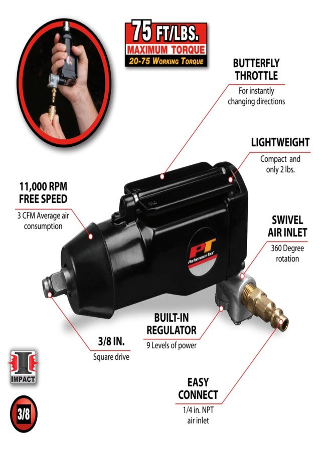 بيرفورمانس تول مفتاح ربط الفراشة M562DB بمحرك 3/8 بوصة من Performance Tool، عزم تشغيل: 20-75 قدمًا/رطلًا، لون أسود - Image 3