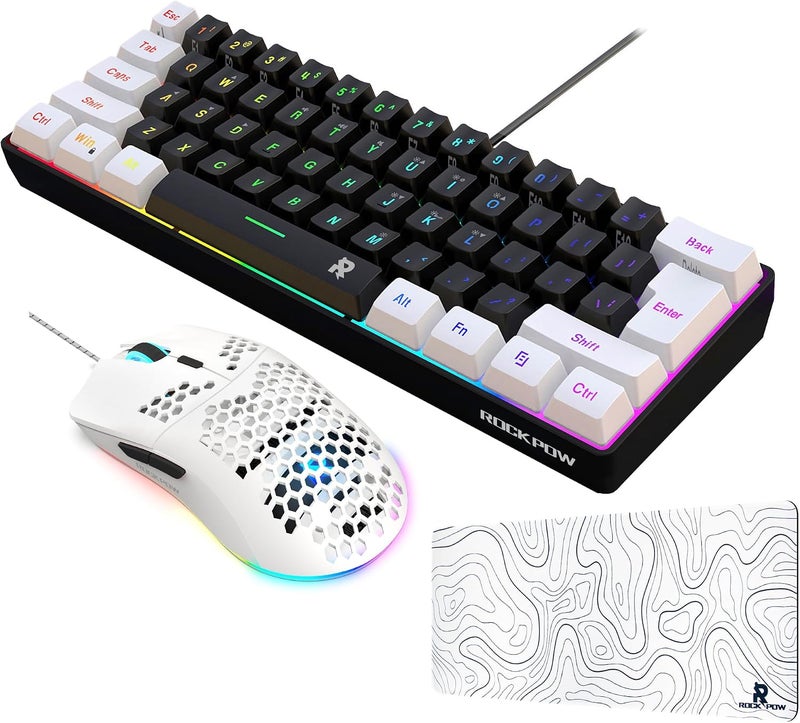 مجموعة ألعاب 3 في 1: لوحة مفاتيح ألعاب سلكية 60%، ماوس ألعاب RGB مريح خفيف الوزن مع مستشعر بصري 8000 نقطة في البوصة، لوحة مفاتيح 61 مفتاح بإضاءة خلفية RGB، بساط ماوس ألعاب كبير 700x300 مم، حزمة مصغرة لألعاب الكمبيوتر الشخصي. - Image 1