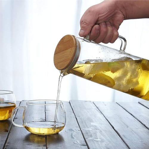 Ash  Roh Ash & Roh Stylish Borosilicate Glass Jug with Handle and Lid, Heat Resistant Glass Pitcher for Iced Tea, Lemon Water, and Juice (1300ml Wooden Lid Jug) - Image 2