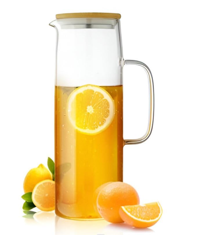 Ash  Roh Ash & Roh Stylish Borosilicate Glass Jug with Handle and Lid, Heat Resistant Glass Pitcher for Iced Tea, Lemon Water, and Juice (1300ml Wooden Lid Jug) - Image 1
