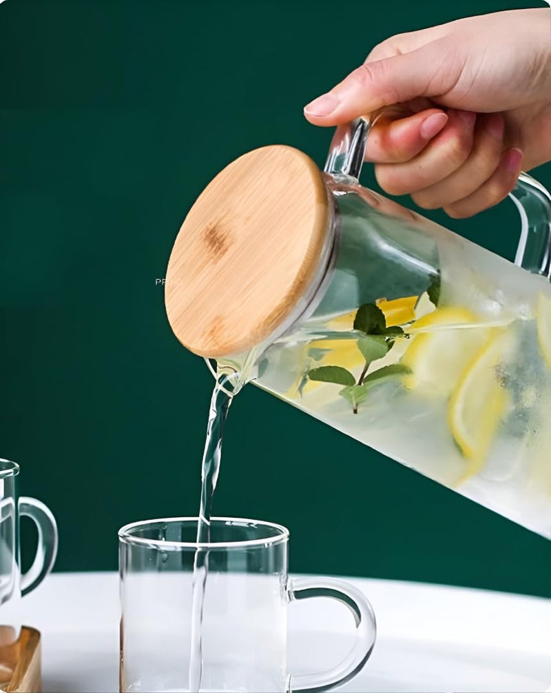Ash  Roh Ash & Roh Stylish Borosilicate Glass Jug with Handle and Lid, Heat Resistant Glass Pitcher for Iced Tea, Lemon Water, and Juice (1300ml Wooden Lid Jug) - Image 5