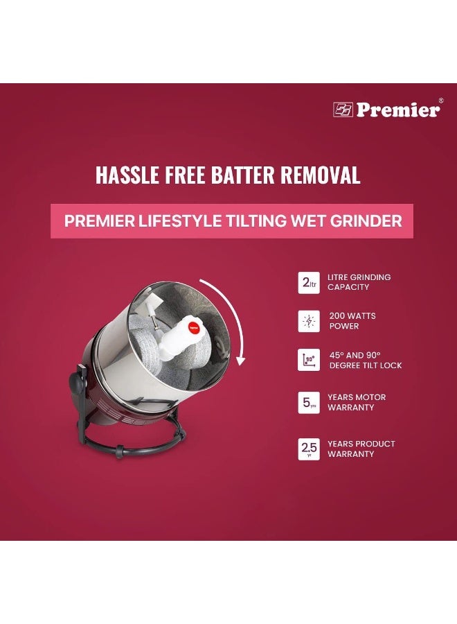 Premier Lifestyle Grinder (Pg - 502) 2 LTR 230v Maroon Colour Code-039131 – Powerful and Stylish Wet Grinder with 2-Liter Capacity, Durable Stainless Steel Drum, Energy Efficient Motor - Image 2