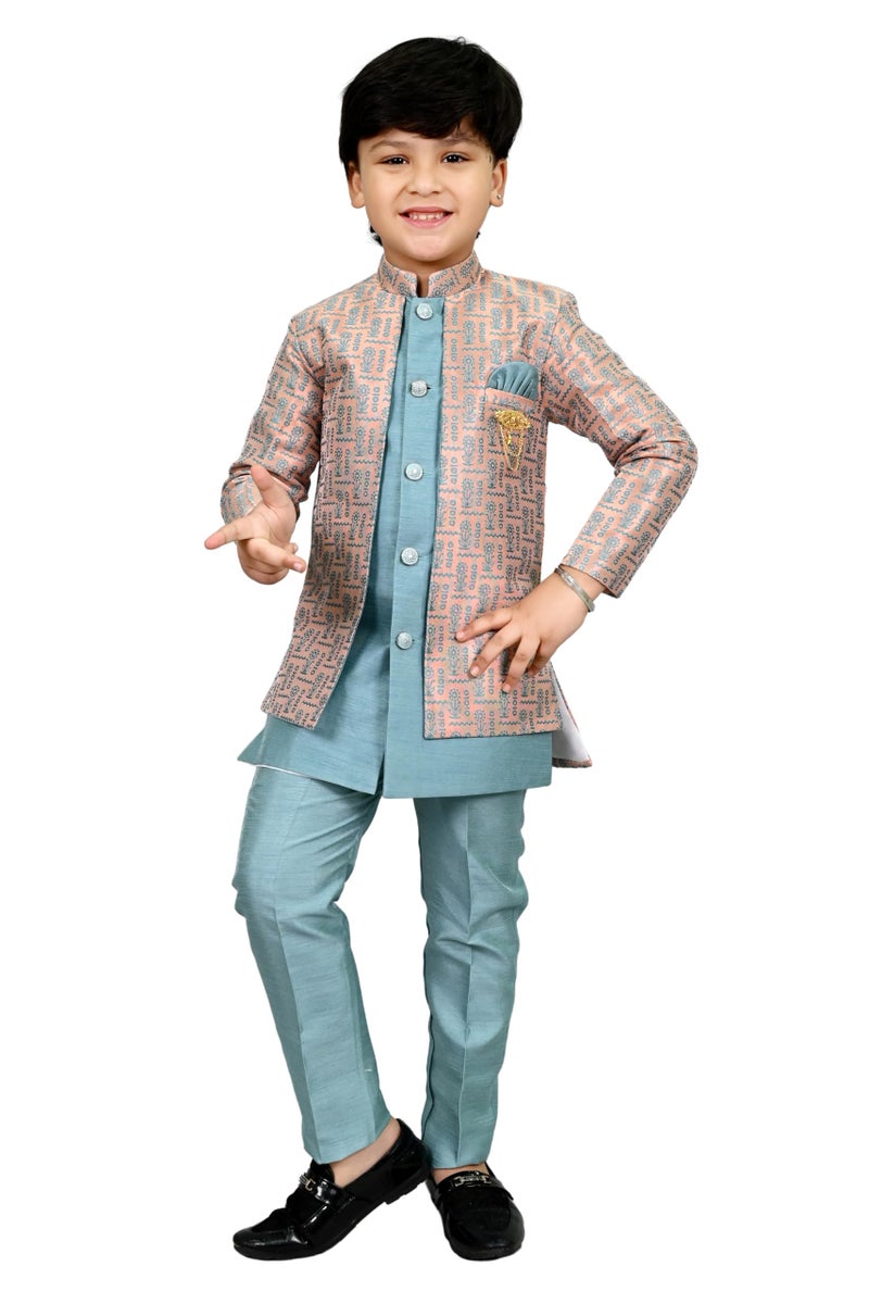 AHHAAAA Kids' Embroidered Jacquard Silk Sherwani – Boys' Wedding Sherwani Set with Festive Ethnic Prints |573| (Sky Blue, 3-4 Years) - Image 1