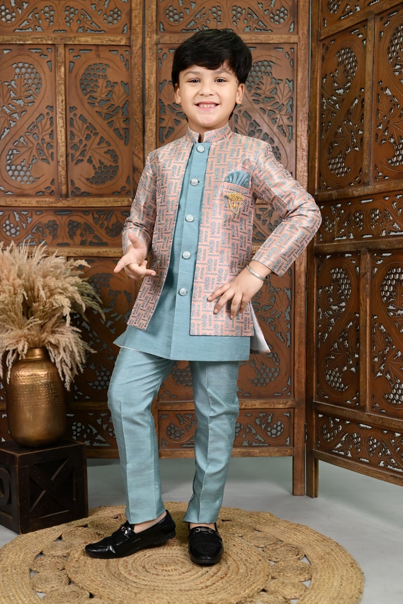 AHHAAAA Kids' Embroidered Jacquard Silk Sherwani – Boys' Wedding Sherwani Set with Festive Ethnic Prints |573| (Sky Blue, 3-4 Years) - Image 2