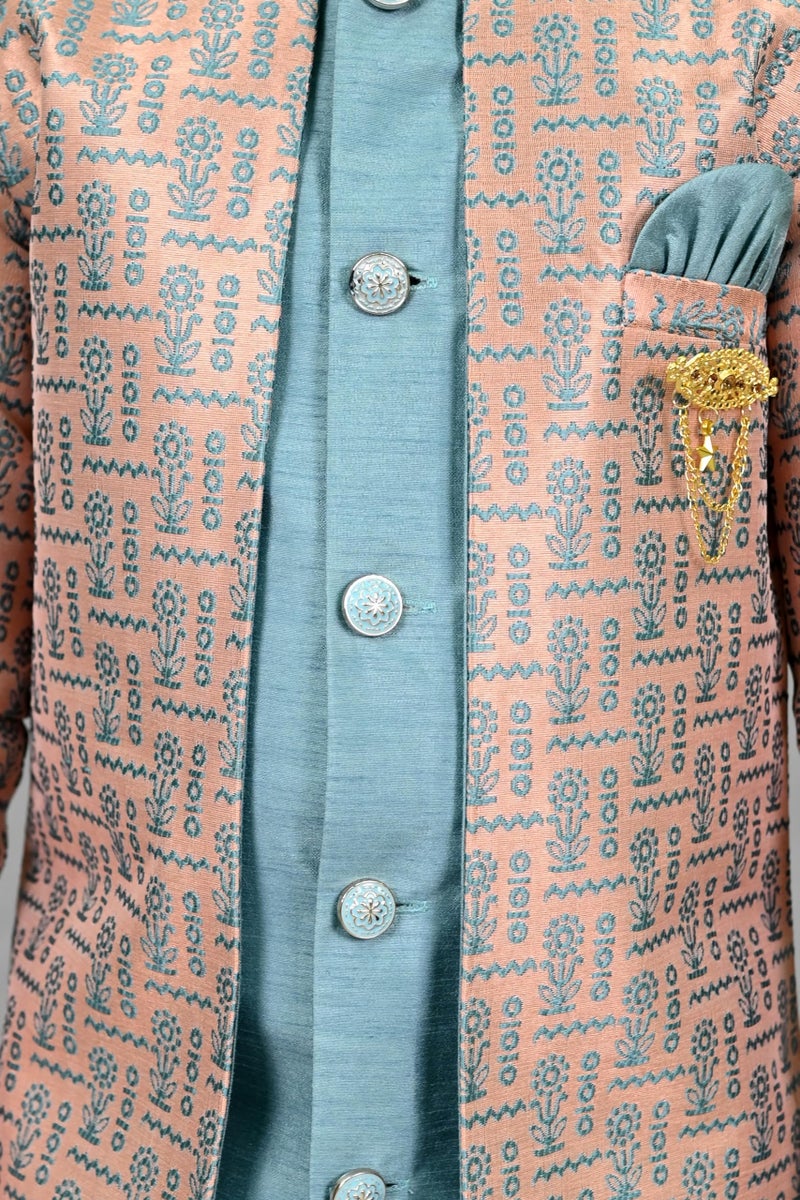 AHHAAAA Kids' Embroidered Jacquard Silk Sherwani – Boys' Wedding Sherwani Set with Festive Ethnic Prints |573| (Sky Blue, 3-4 Years) - Image 5