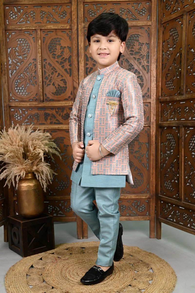 AHHAAAA Kids' Embroidered Jacquard Silk Sherwani – Boys' Wedding Sherwani Set with Festive Ethnic Prints |573| (Sky Blue, 3-4 Years) - Image 4
