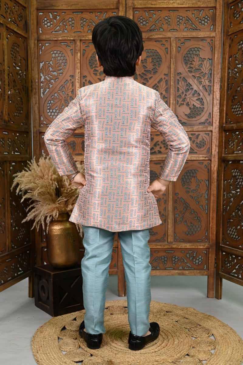 AHHAAAA Kids' Embroidered Jacquard Silk Sherwani – Boys' Wedding Sherwani Set with Festive Ethnic Prints |573| (Sky Blue, 3-4 Years) - Image 3