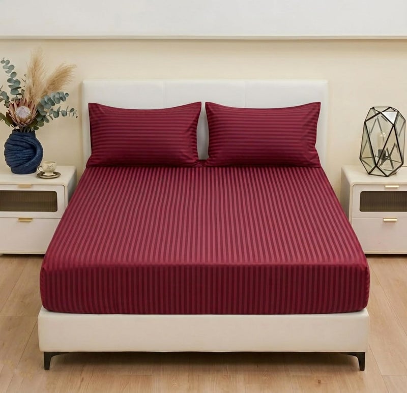 VAS COLLECTIONS Premium 220 TC Cotton Solid Striped Elastic Fitted Bedsheets with 2 Pillow Covers | Double Bed with All Around Elastic Supersoft | Size - 78x72+10 inches, Maroon - Image 1