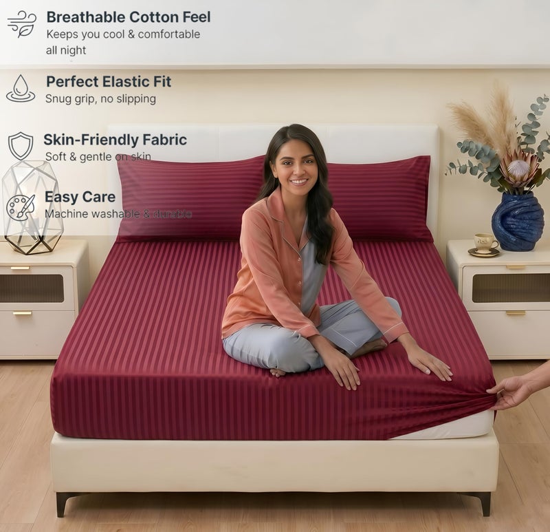 VAS COLLECTIONS Premium 220 TC Cotton Solid Striped Elastic Fitted Bedsheets with 2 Pillow Covers | Double Bed with All Around Elastic Supersoft | Size - 78x72+10 inches, Maroon - Image 4