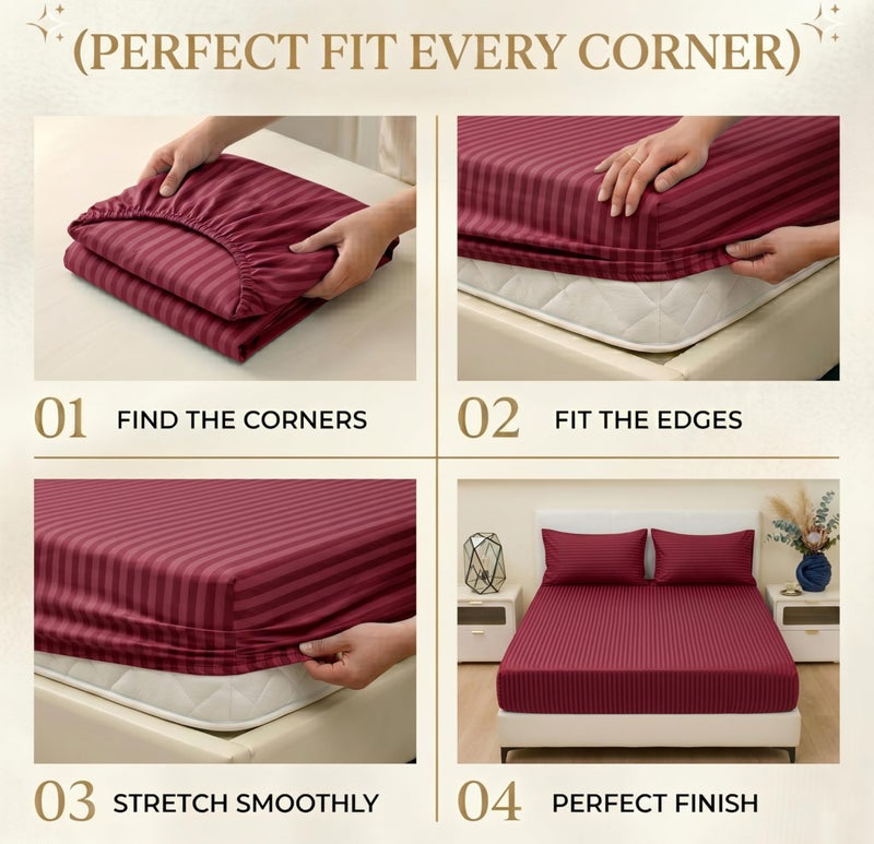 VAS COLLECTIONS Premium 220 TC Cotton Solid Striped Elastic Fitted Bedsheets with 2 Pillow Covers | Double Bed with All Around Elastic Supersoft | Size - 78x72+10 inches, Maroon - Image 5