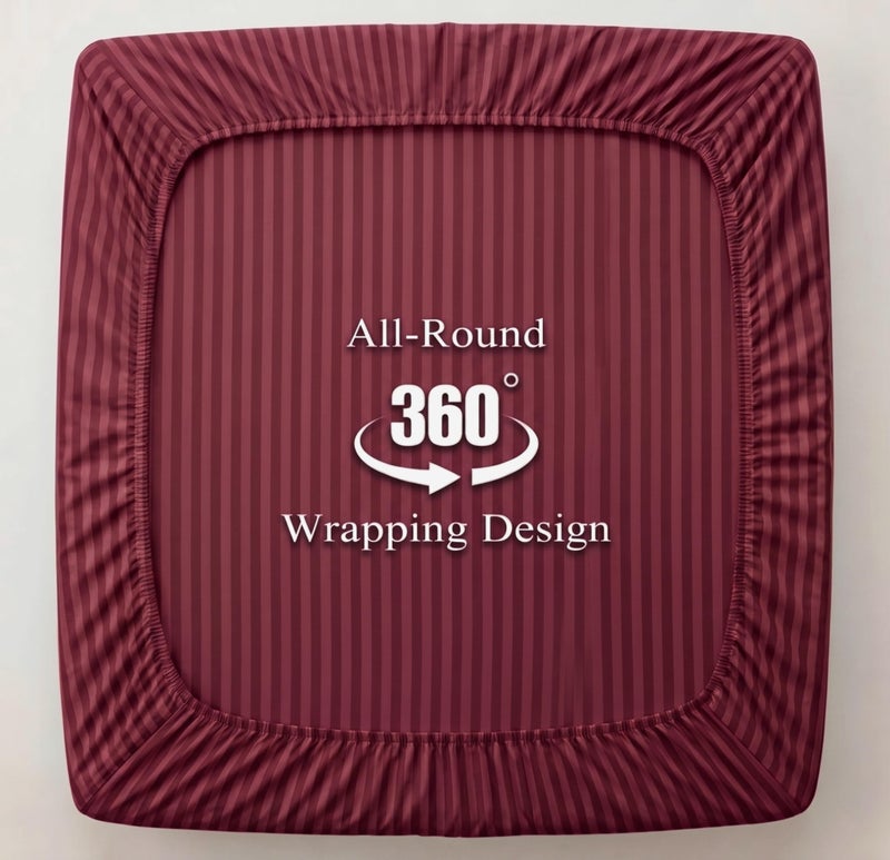 VAS COLLECTIONS Premium 220 TC Cotton Solid Striped Elastic Fitted Bedsheets with 2 Pillow Covers | Double Bed with All Around Elastic Supersoft | Size - 78x72+10 inches, Maroon - Image 3
