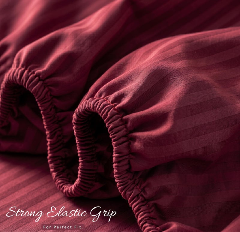 VAS COLLECTIONS Premium 220 TC Cotton Solid Striped Elastic Fitted Bedsheets with 2 Pillow Covers | Double Bed with All Around Elastic Supersoft | Size - 78x72+10 inches, Maroon - Image 2