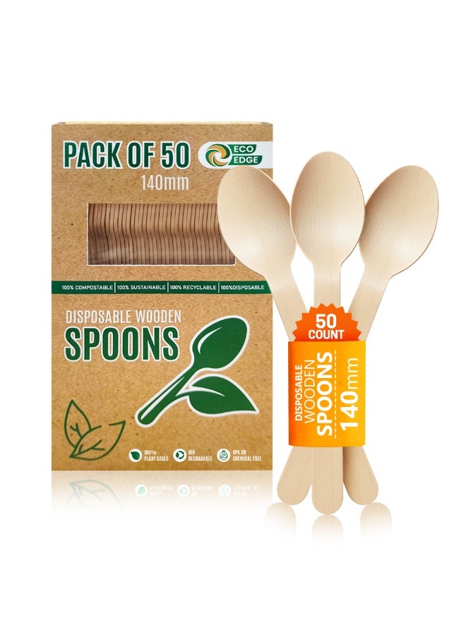 ایکوایدج EcoEdge Wooden Heavy-Duty Spoon (50 Pack) 140 MM | Eco Friendly, Premium, Stylish, Natural, Recyclable, Plastic and Chemical Free | For Birthday Party, Events, Picnic and Takeout | 100% Biodegradable - Image 1