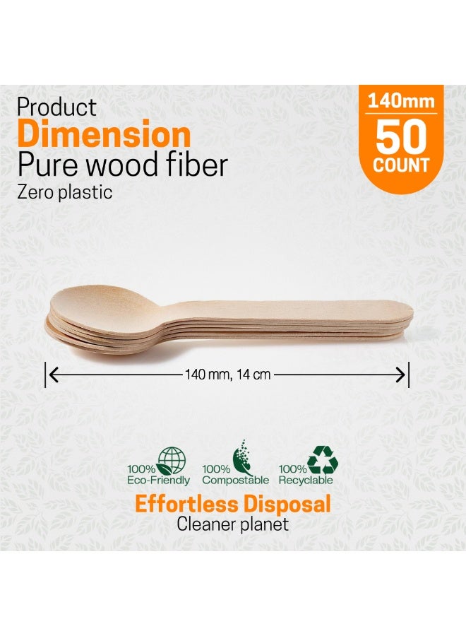 ایکوایدج EcoEdge Wooden Heavy-Duty Spoon (50 Pack) 140 MM | Eco Friendly, Premium, Stylish, Natural, Recyclable, Plastic and Chemical Free | For Birthday Party, Events, Picnic and Takeout | 100% Biodegradable - Image 3
