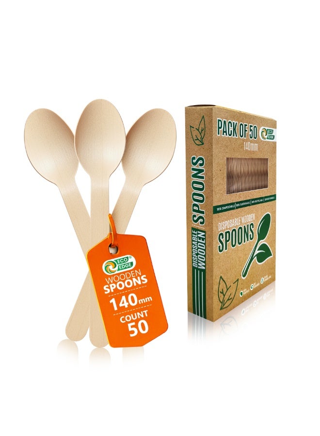 ایکوایدج EcoEdge Wooden Heavy-Duty Spoon (50 Pack) 140 MM | Eco Friendly, Premium, Stylish, Natural, Recyclable, Plastic and Chemical Free | For Birthday Party, Events, Picnic and Takeout | 100% Biodegradable - Image 2