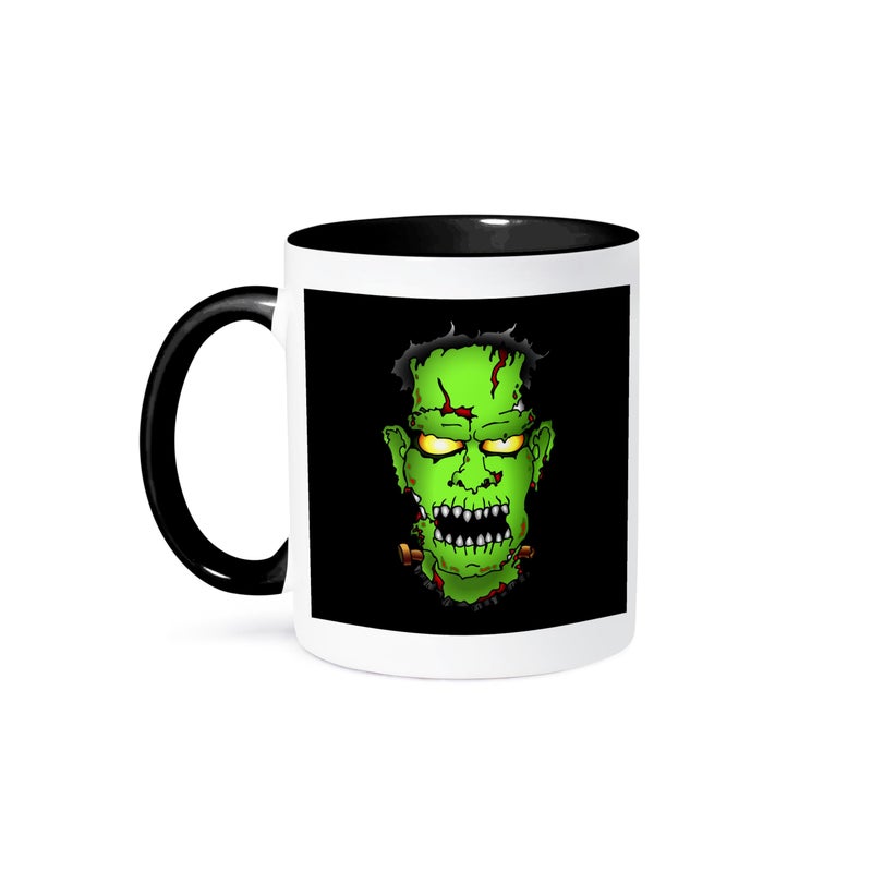 3dRose mug_53342_4 "FRANKENSTEIN trick or treat 2 on black" Two Tone Black Mug, 11 oz, Multicolor - Image 1