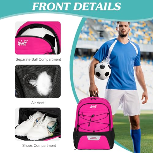 WOLT | Youth Soccer Bag, Soccer Backpack, Basketball Backpack with Cleat Shoe and Ball Compartments Sports Backpack for Volleyball Football for Men Women (Pink) - Image 3