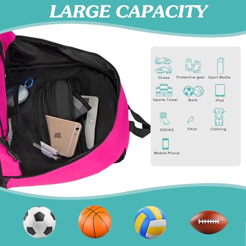 WOLT | Youth Soccer Bag, Soccer Backpack, Basketball Backpack with Cleat Shoe and Ball Compartments Sports Backpack for Volleyball Football for Men Women (Pink) - Image 4