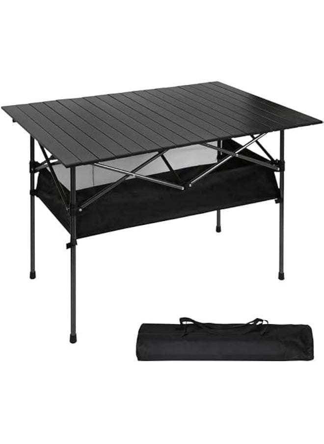 HOOKOR Folding Camping Table, Wood Portable Picnic Table with Carry Bag, 4 Person Lightweight Aluminum Roll-up Table for Camping Outdoor Picnic BBQ Backyard Party Beach (95X55cm)  - Image 1
