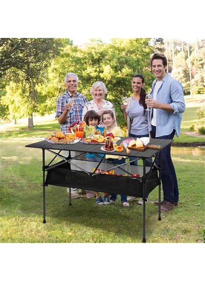 HOOKOR Folding Camping Table, Wood Portable Picnic Table with Carry Bag, 4 Person Lightweight Aluminum Roll-up Table for Camping Outdoor Picnic BBQ Backyard Party Beach (95X55cm)  - Image 2