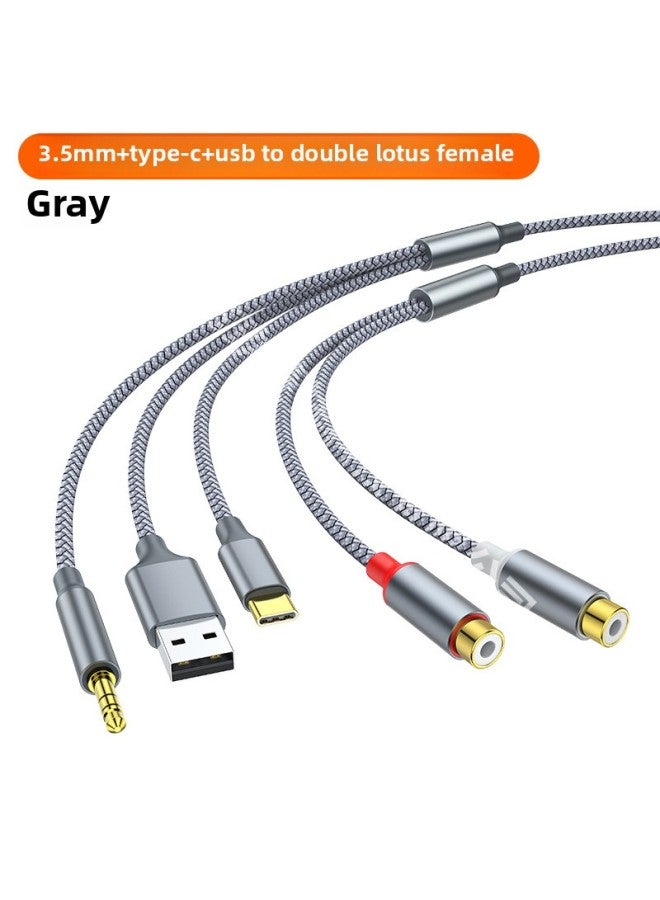 Type-c/usb/3.5mm 3-in -1 To Double Lotus Mobile Phone TV Game Machine Audio RCA Audio Line-Color:3.5+c+usb Gray