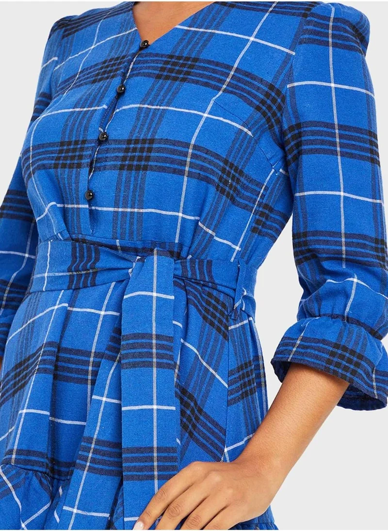 Styli Plaid Ruffle Midi Dress