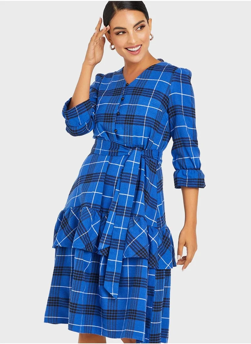Styli Plaid Ruffle Midi Dress