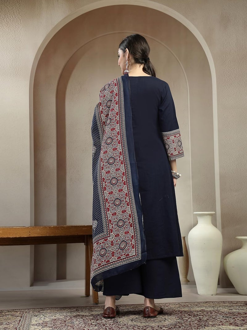 Stylum Women's Ajrakh Printed Cotton A-Line Kurta Pant Dupatta Set - Image 2