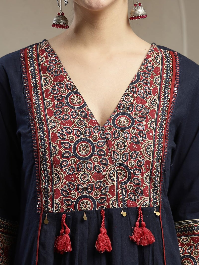 Stylum Women's Ajrakh Printed Cotton A-Line Kurta Pant Dupatta Set - Image 4