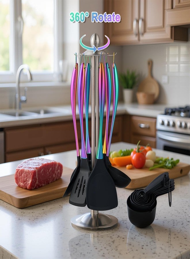 Blithely Silicone Cooking Utensils Set, 17pcs Kitchen Utensil Set with Rotatable Holder, Heat-Resistant Silicone Utensils for Cooking, Non-Stick Spatula Set with Stainless Steel Handle,Turner,Ladle (Rainbow) - Image 3