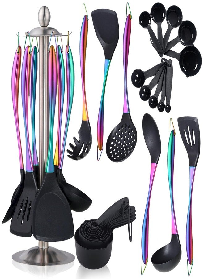 Blithely Silicone Cooking Utensils Set, 17pcs Kitchen Utensil Set with Rotatable Holder, Heat-Resistant Silicone Utensils for Cooking, Non-Stick Spatula Set with Stainless Steel Handle,Turner,Ladle (Rainbow) - Image 1