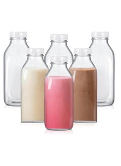 FUFU 6Pcs 16oz Glass Milk Bottle with Plastic Tamper-proof Caps  Vintage Reusable Dairy Drinking Containers, Milk, Juice,Yogurt, Smoothies  - Image 1